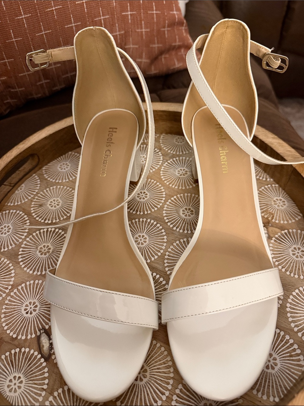Patent White Ankle-Strap Block Heel Sandals